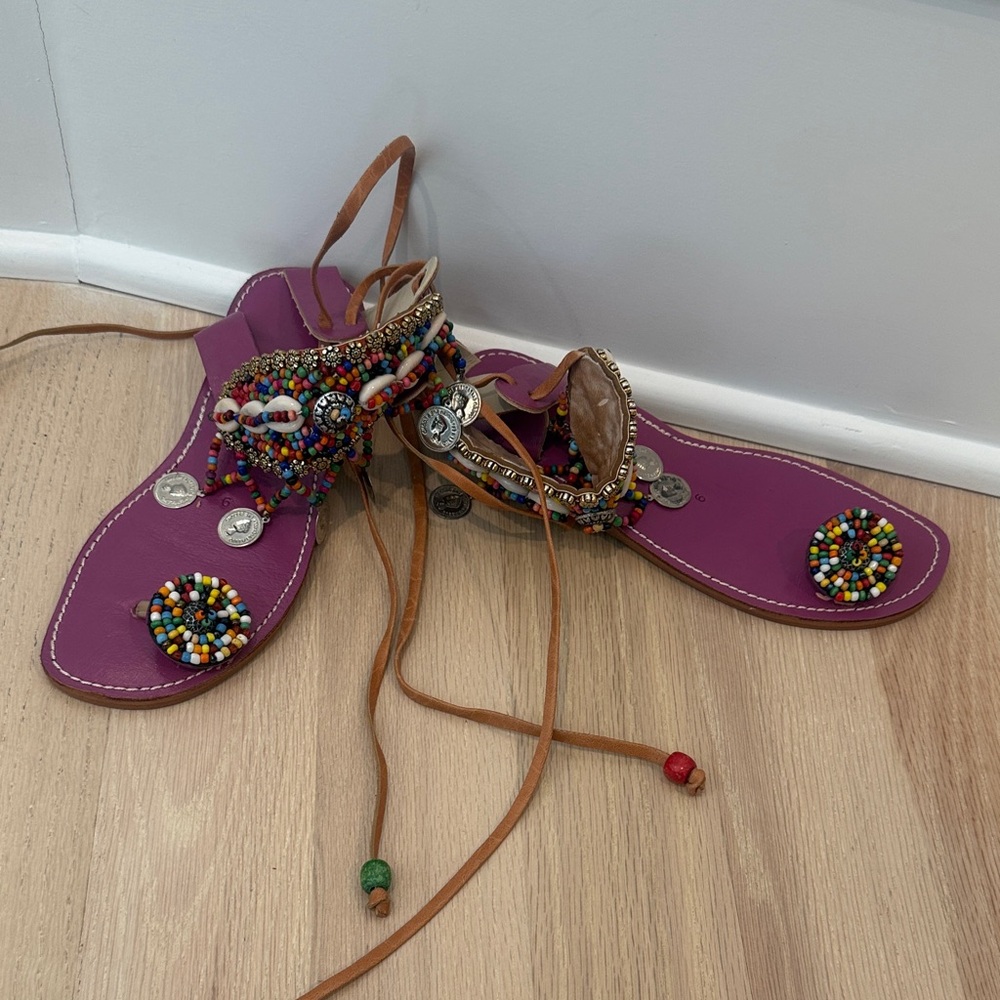 Beaded Purple Gladiator Sandals with Tassel Laces